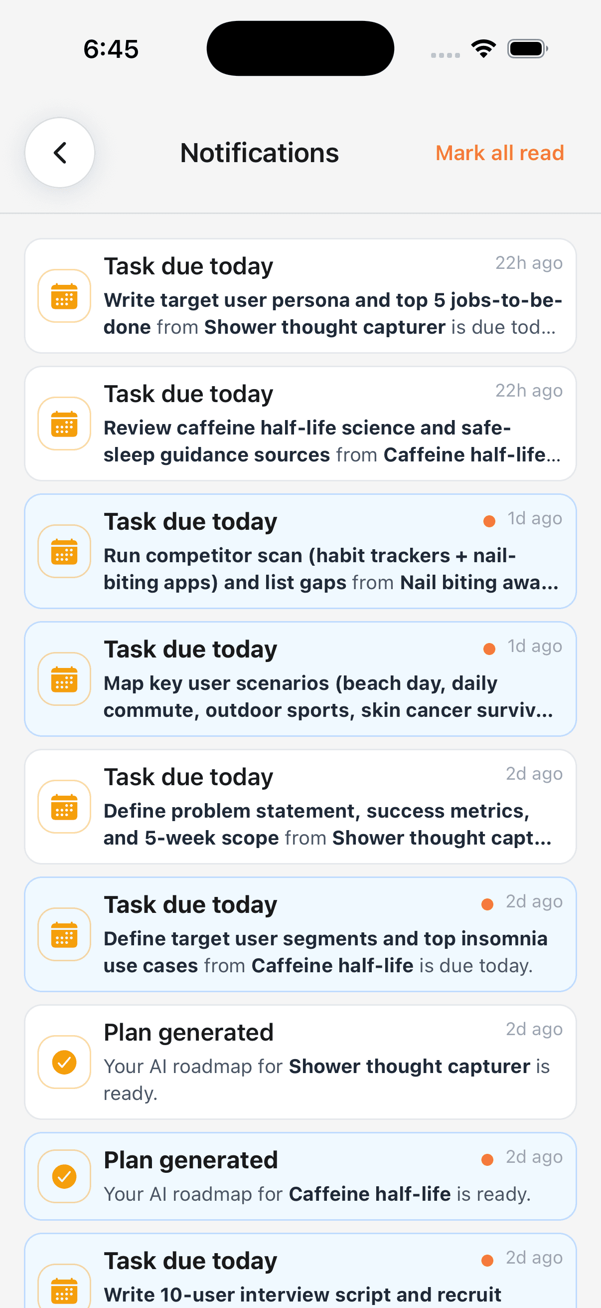 Notifications screen — updates and insights
