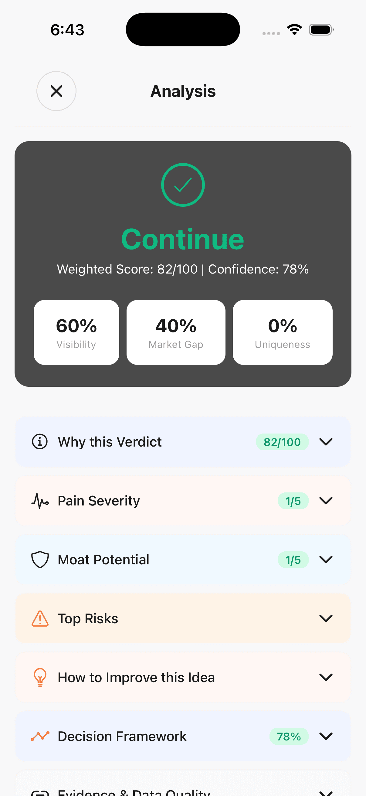 Think Twice app showing startup idea validation verdict